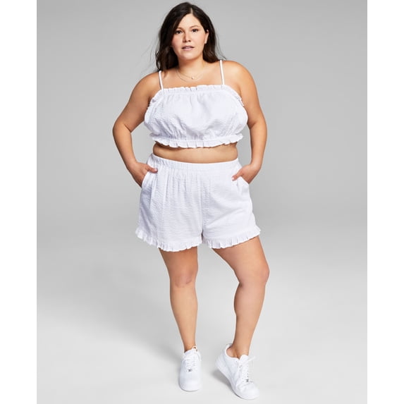 Now This Trendy Plus Size Cotton Textured Ruffled Shorts White 0X