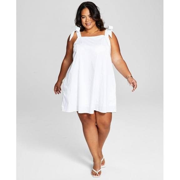Now This Trendy Plus Size Cotton Tie Shoulder Dress White 0X