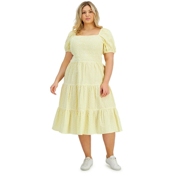 Now This Trendy Plus Size Cotton Tiered Dress Yellow Gingham 1X