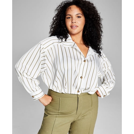 Now This Trendy Plus Size Cropped Woven Shirt Olive White 0X