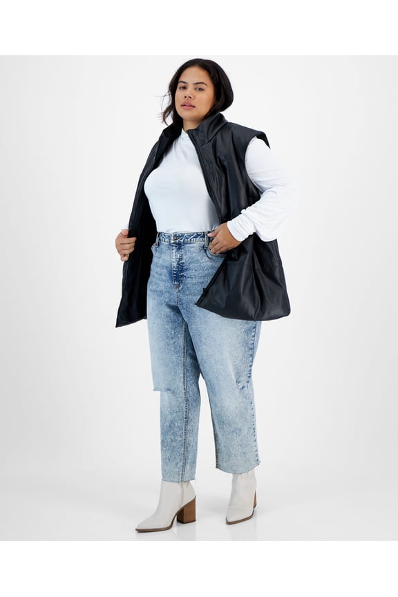 Now This Trendy Plus Size Faux Leather Puffer Vest Black 2X