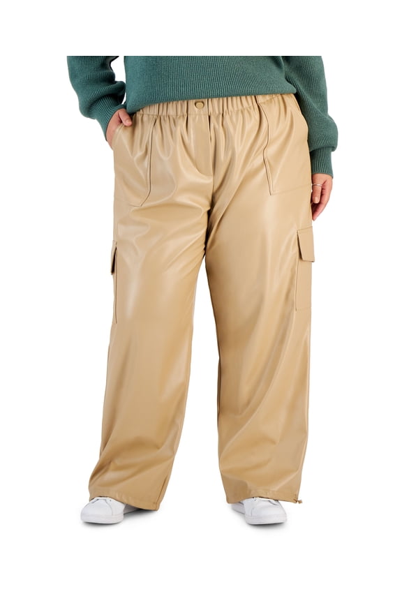 Now This Trendy Plus Size Faux-Leather Wide-Leg Cargo Pants Tan 20W