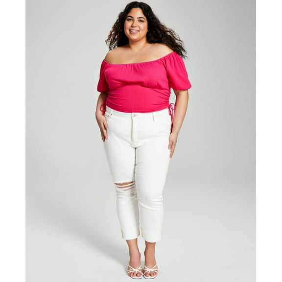 Now This Trendy Plus Size Puff Sleeve Ruched Top Pomegranate 1X