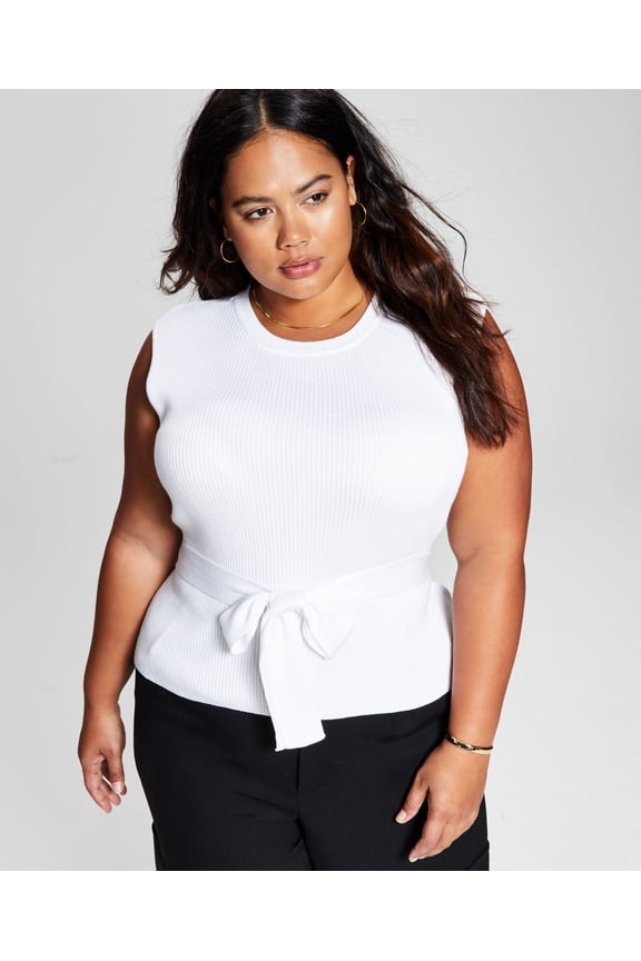 Now This Trendy Plus Size Ribbed Tie Waist Top White 2X
