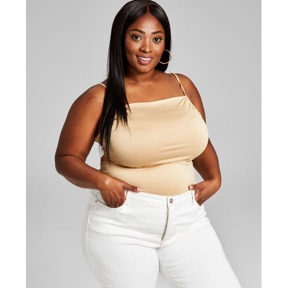 Now This Trendy Plus Size Ruched Camisole Bodysuit Camel Brown 2X