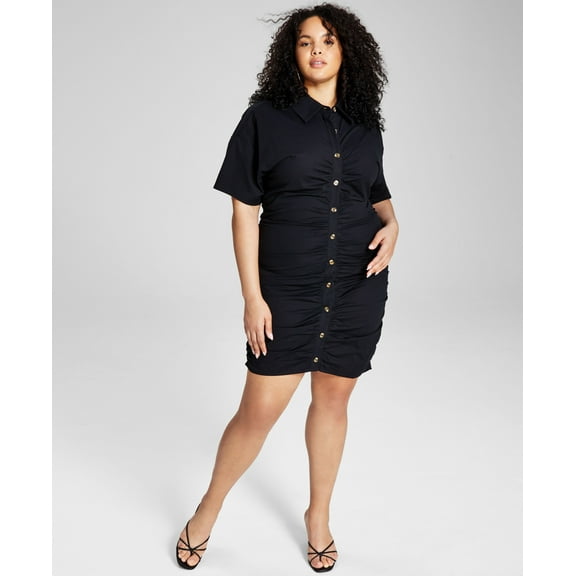 Now This Trendy Plus Size Ruched Shirtdress Black 1X