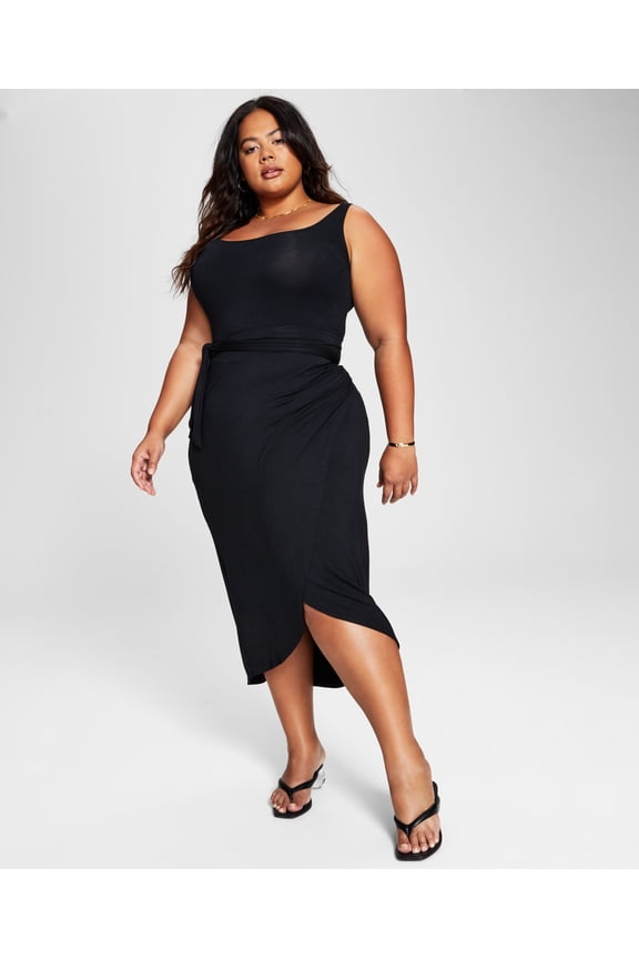 Now This Trendy Plus Size Side Tie Midi Dress Black 1X