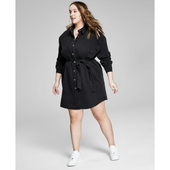 Now This Trendy Plus Size Tie Waist Shirtdress Charcoal 2X