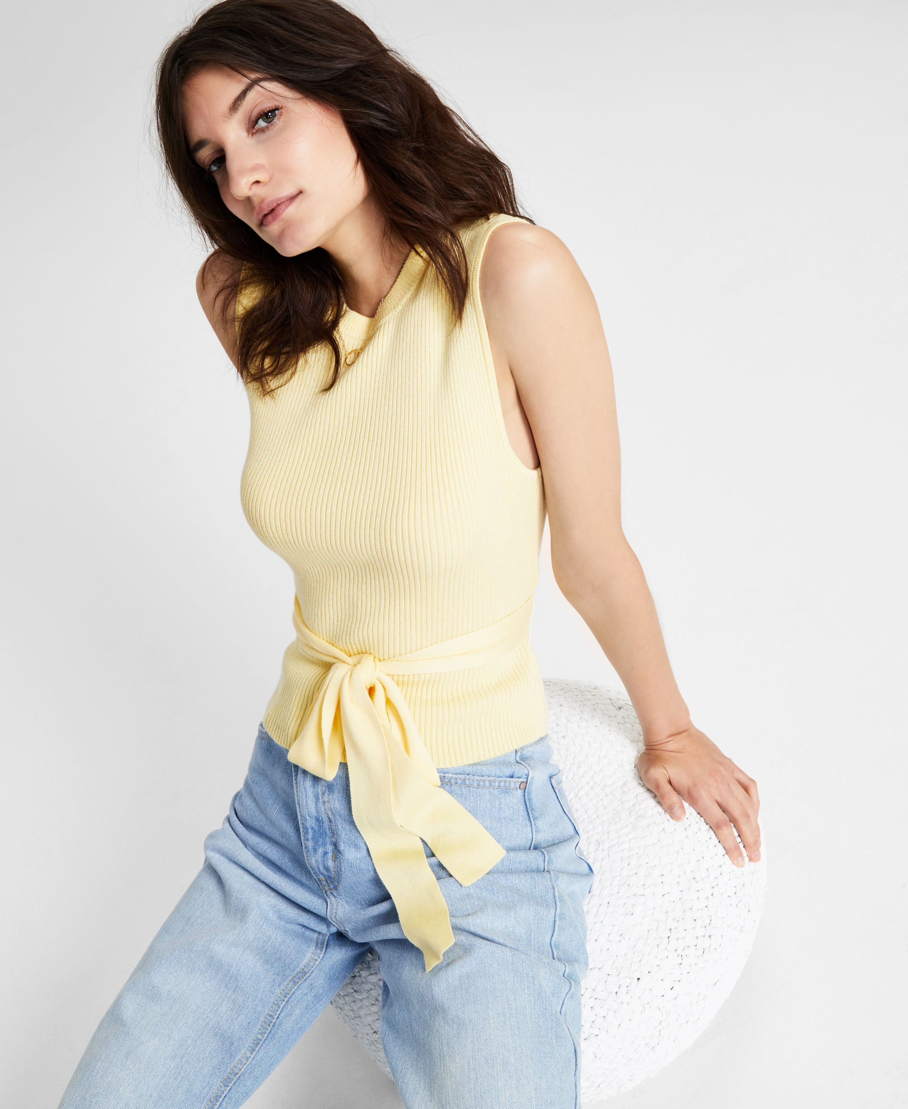 Now This Womens Belted Ribbed Top Buttercup Yellow L - Walmart.com