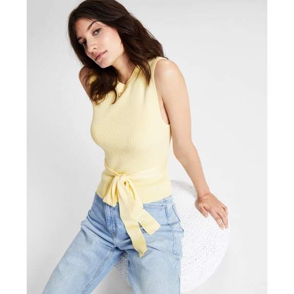 Now This Womens Belted Ribbed Top Buttercup Yellow L