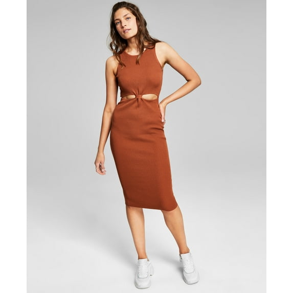 Now This Womens Cutout Rib Knit Midi Dress Mocha Brown L