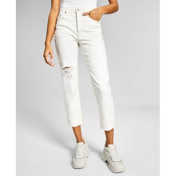 Now This Womens High Rise Vintage Straight Button Cuffed Jeans White 25