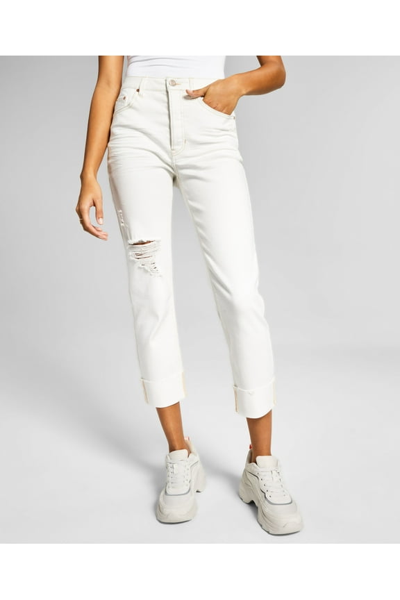 Now This Womens High Rise Vintage Straight Button Cuffed Jeans White 27