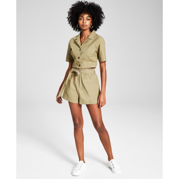 Now This Womens Pull On Cotton Paperbag Shorts Olive L