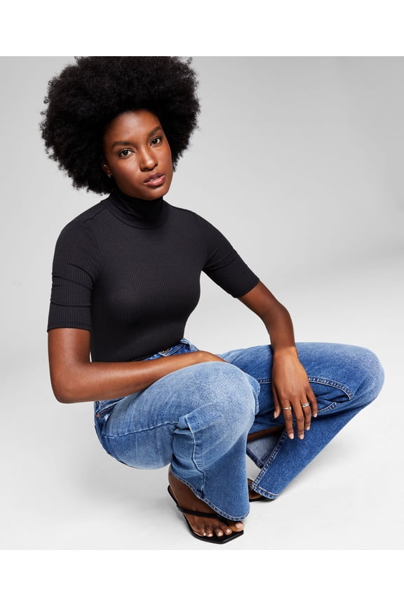 Now This Womens Ribbed Mock Neck Top Black M