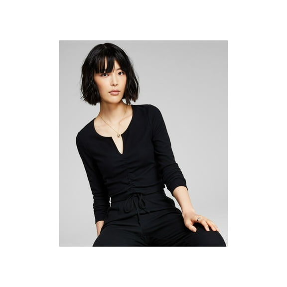 Now This Womens Ruched Henley Top Black L