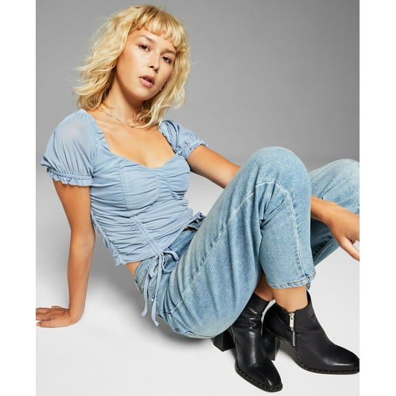 Now This Womens Ruched Mesh Top Icy Blue XL