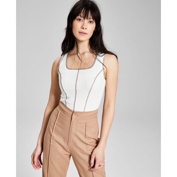 Now This Womens Seam Detail Corset Tank Top Off White With Medium Camel M
