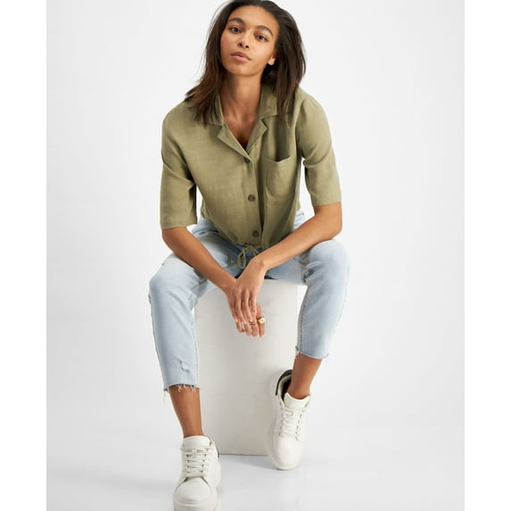 Now This Womens Tie Hem Cropped Shirt Olive XS