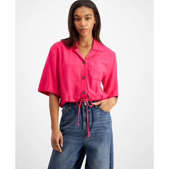 Now This Womens Tie Hem Cropped Shirt Pomegranate S