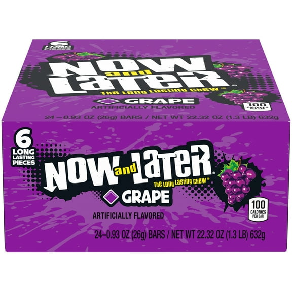 Now and Later, Original Grape Taffy Chewy Candy, 0.93oz (Box of 24)