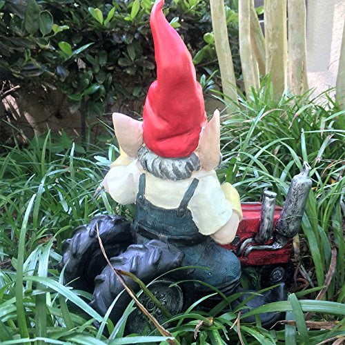 Nowaday Gnomes - Gardener Gnome Riding His Farmer Tractor and Waving Hello Home & Garden Figurine Statue 12" H
