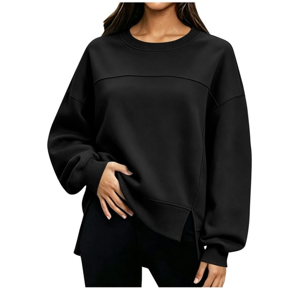 Nowekniz Fall Winter Women Crewneck Fleece Pullover Sweatshirt, Loose Long Sleeve Side Slit Basic Casual Top, Soft Fleece Lined Workout Clothes, Fashion Outfit for Travel, Airport and Daily Wear