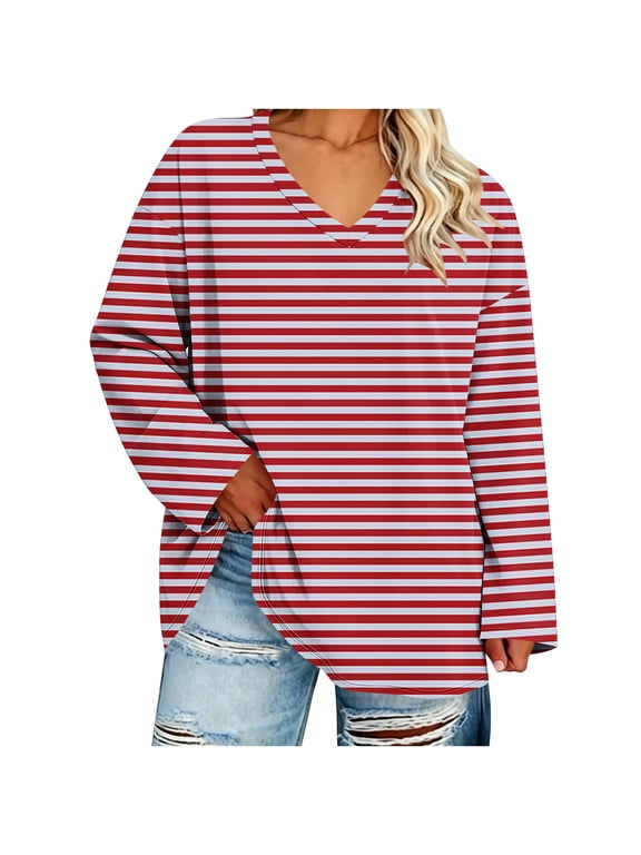 Plus Size Women Striped V Neck Long Sleeve Cotton Tunic Tops Oversized Drop Shoulder Color Block Loose‑Fit Casual Fall Blouses