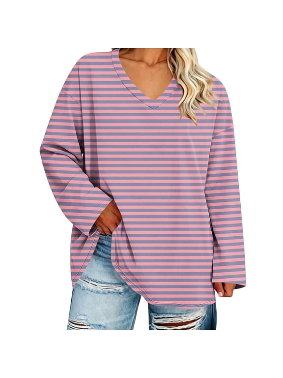 Plus Size Women Striped V Neck Long Sleeve Cotton Tunic Tops Oversized Drop Shoulder Color Block Loose‑Fit Casual Fall Blouses