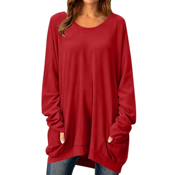 Nowekniz Women Crewneck Long Sleeve Tops, Lightweight Loose Sweatshirt Tunic Shirts with Pockets, Soft Casual Blouses Matching Leggings, Fashionable Fall Daily Wear Outfits