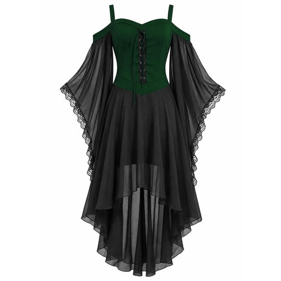 Nowekniz Women Halloween Mesh Lace Patchwork Suspender Off Shoulder Court Style Gothic Dress