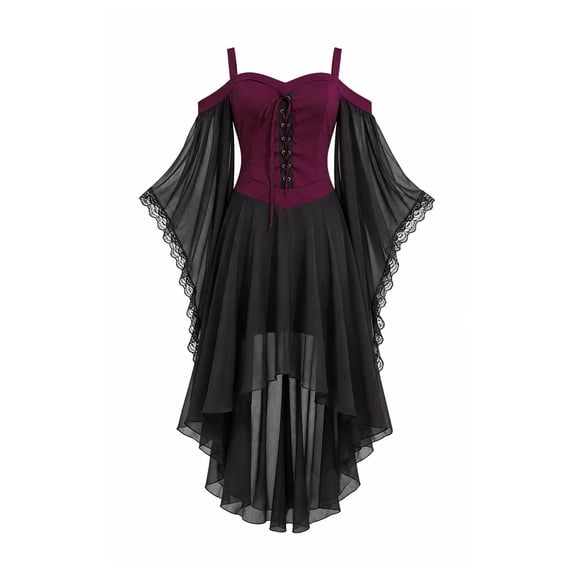 Nowekniz Women Halloween Mesh Lace Patchwork Suspender Off Shoulder Court Style Gothic Dress