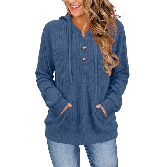 Nowekniz Women Henley Neck Hoodie Pullover Sweater, Long Sleeve Loose Zip Up Casual Sweatshirt with Drawstring Hood, Three Decorative Buttons and Kangaroo Pocket