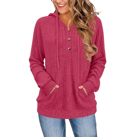 Nowekniz Women Henley Neck Hoodie Pullover Sweater, Long Sleeve Loose Zip Up Casual Sweatshirt with Drawstring Hood, Three Decorative Buttons and Kangaroo Pocket