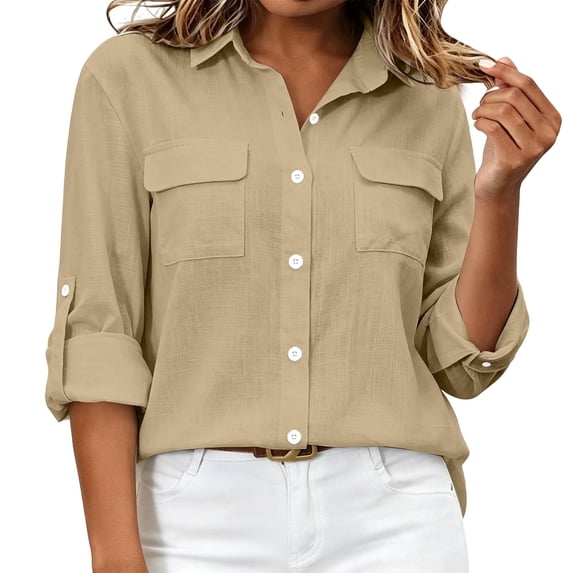 Nowekniz Women Lapel Fashion Button Pocket Solid Color Cardigan Foldable Sleeve Top Shirt Coat