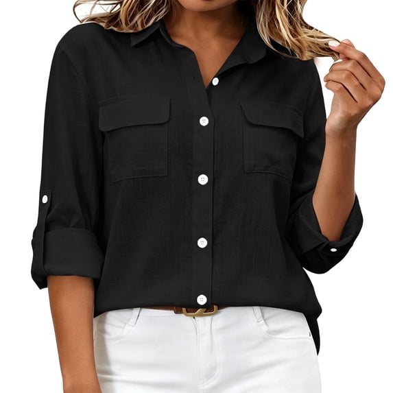 Nowekniz Women Lapel Fashion Button Pocket Solid Color Cardigan Foldable Sleeve Top Shirt Coat