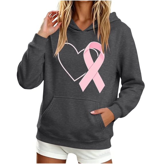 Nowekniz Women Oversized Breast Cancer Awareness Ribbon Graphic Hoodie, Long Sleeve Casual Hooded Sweatshirt with Pockets
