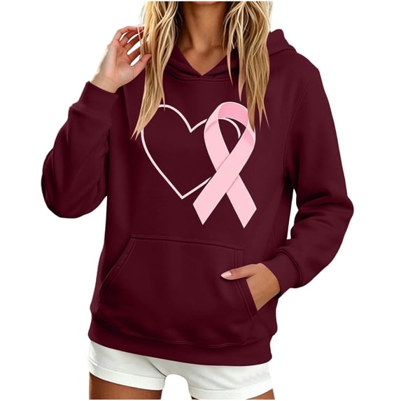 Nowekniz Women Oversized Breast Cancer Awareness Ribbon Graphic Hoodie, Long Sleeve Casual Hooded Sweatshirt with Pockets