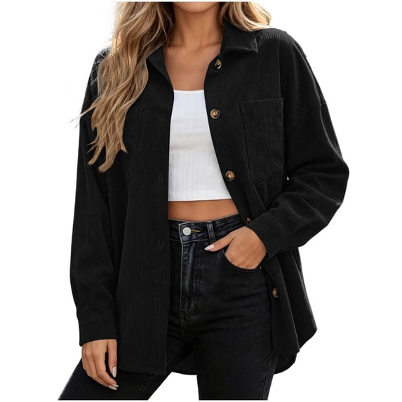Nowekniz Women Oversized Corduroy Shacket Jacket, Long Sleeve Button Down V Neck Loose Shirt Blouse with Convenient Pockets, Casual Button Up Daily Outerwear Tops