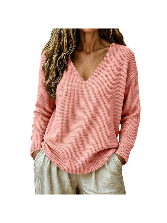 Women V Neck Waffle Knit Long Sleeve Pullover Tops Loose Fit Cropped Sweater Soft Blouses 2026 Fall Winter Teacher Work Cruise Casual Shirts