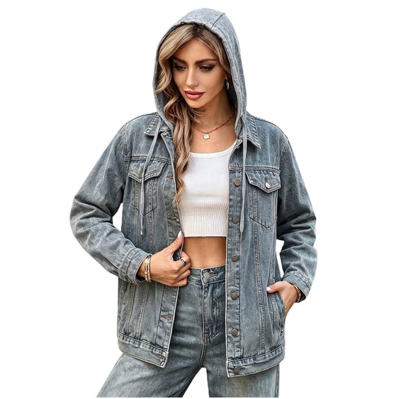 Nowekniz Women's Hooded Denim Shacket Jacket, Drawstring Button Front Long Sleeve Washed Jean Jacket with Pockets, Casual Western Outerwear
