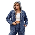 thumbnail image 1 of Nowekniz Women's Hooded Denim Shacket Jacket, Drawstring Button Front Long Sleeve Washed Jean Jacket with Pockets, Casual Western Outerwear, 1 of 7
