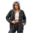 thumbnail image 1 of Nowekniz Women's Hooded Denim Shacket Jacket, Drawstring Button Front Long Sleeve Washed Jean Jacket with Pockets, Casual Western Outerwear, 1 of 7