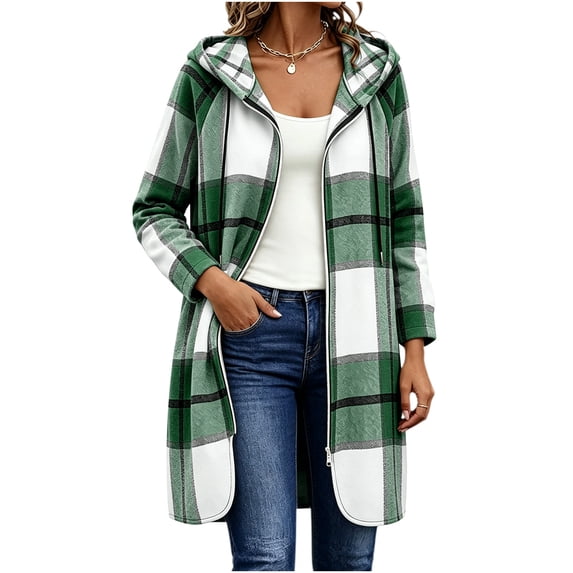Nowekniz Women's Hooded Plaid Long Flannel Shacket, Oversized Button Down Coat Casual Warm Trench Jacket for 2026 Fall Winter
