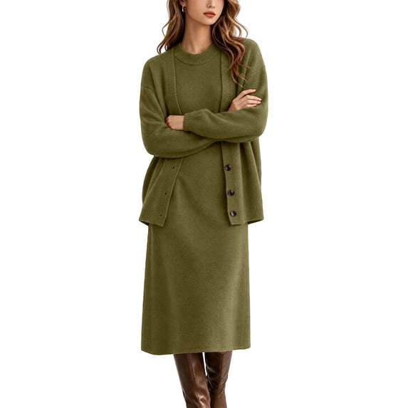 Nowekniz Women's Long Sleeve Button Knit Coat Crew Neck Long Dress Set