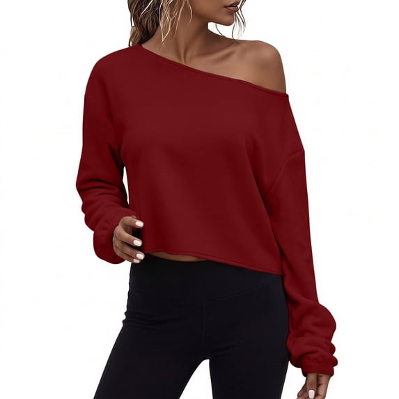 Nowekniz Women's Off Shoulder Oversized Crop Top Long Sleeve Pullover Sweatshirt