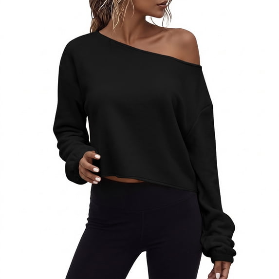Nowekniz Women's Off Shoulder Oversized Crop Top Long Sleeve Pullover Sweatshirt