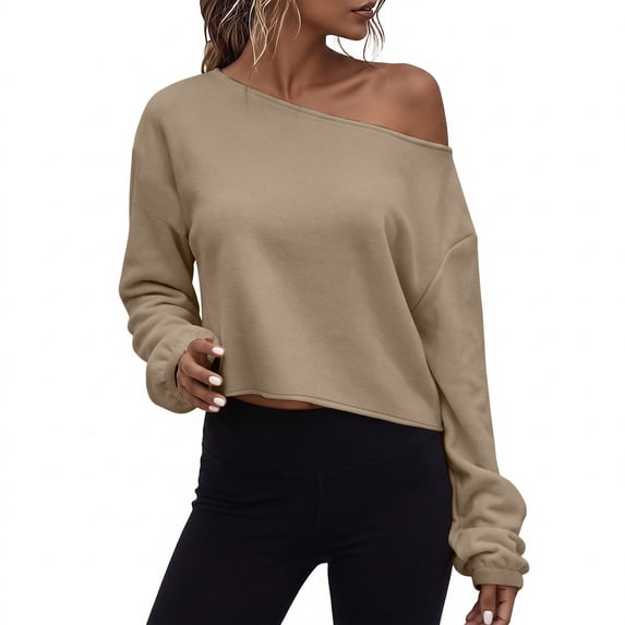 Nowekniz Women's Off Shoulder Oversized Crop Top Long Sleeve Pullover Sweatshirt