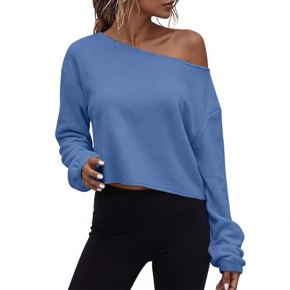 Nowekniz Women's Off Shoulder Oversized Crop Top Long Sleeve Pullover Sweatshirt