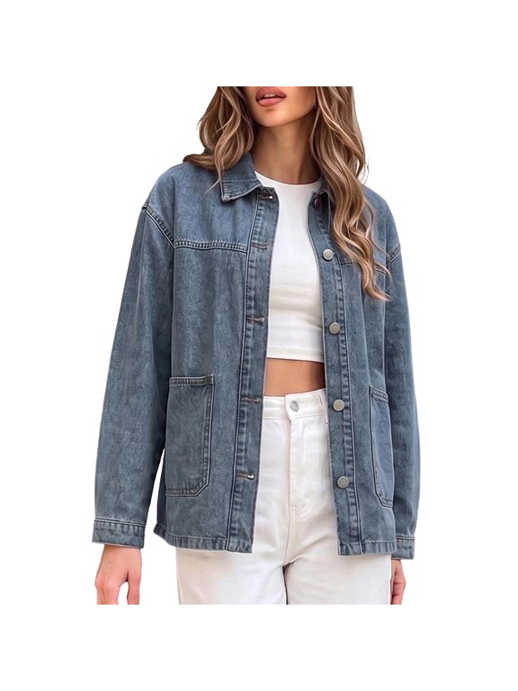 Women's Oversized Denim Shirt Jacket, Drop Shoulder Long Sleeve Button Up Jean Shacket, Vintage Distressed Aztec Casual Outerwear Coat with Pockets